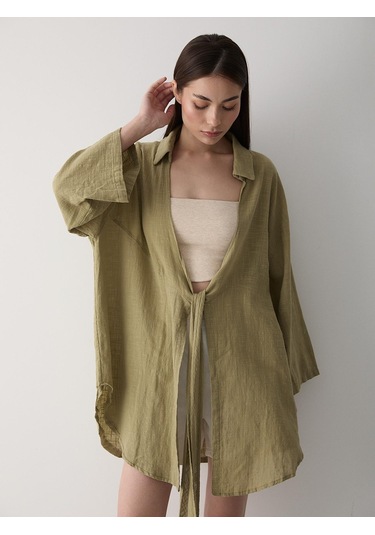 Haki Flam Keten Kimono Gömlek Haki