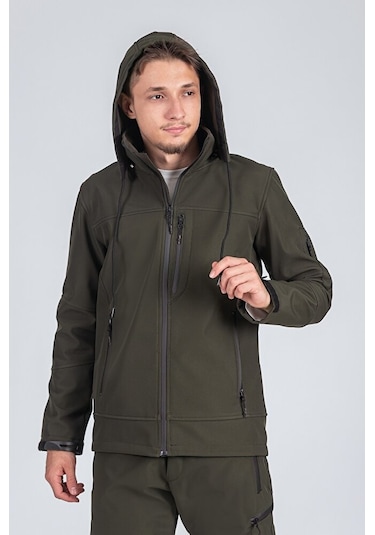 Suya Dayanıklı Slim Fit Softshell Kapüşonlu Erkek Mont Haki Suya Dayanıklı Slim Fit Softshell Kapüşonlu Erkek Mont Haki