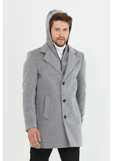 Erkek Açık Gri Yün Karışımlı Kaşe Kapüşonlu Önü Fermuarlı Kaban-Açık Gri