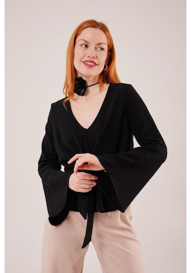 Ahes Shopping Ön Bağlamalı Volan Kol Siyah Bluz Siyah