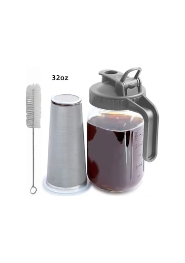 Reedark Cam Matara 32oz - Günülen Kollü, Ölçülü, Geniş Açık - Süzgeçli Soğuk İçecek, Meyve Suyu, Kahve Depolama Kabı - Gri Kapak Gri