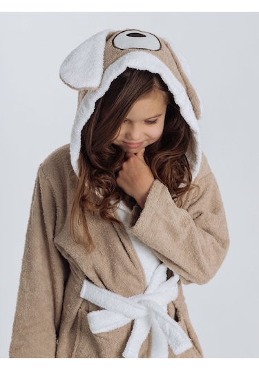 Formeya Kapşonlu Çocuk Bornoz %100 Pamuk Su Emici Köpek Figürlü Kahverengi