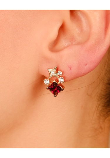 Lekka Design Kadın Takı Kararmaz Çelik Lüks Kırmızı Zirkon Taşlı Yıldızlı Küpe