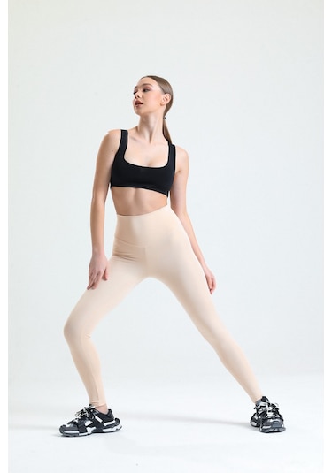 Caramel Yüksek Bel Toparlayıcı Dalgıç Kumaş Spor Günlük Tayt Ekru