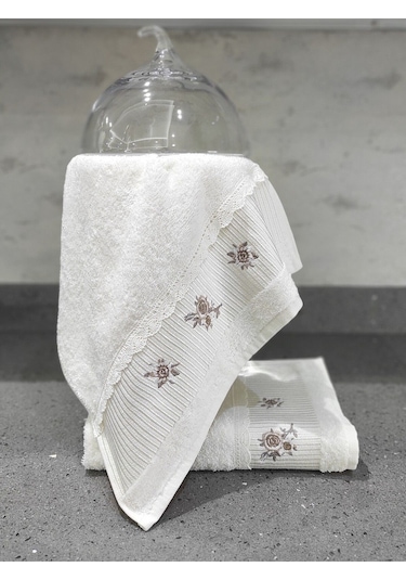 %100 Pamuk & Nakışlı Havlu Takımı - 2'li Dantelli Havlu Seti - 40x60 Cm Ekru Ekru