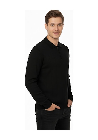 Dynamo Erkek Polo Yaka Fermuarlı Triko Kazak Regular Fit 7019 Bgl-st04922 Siyah
