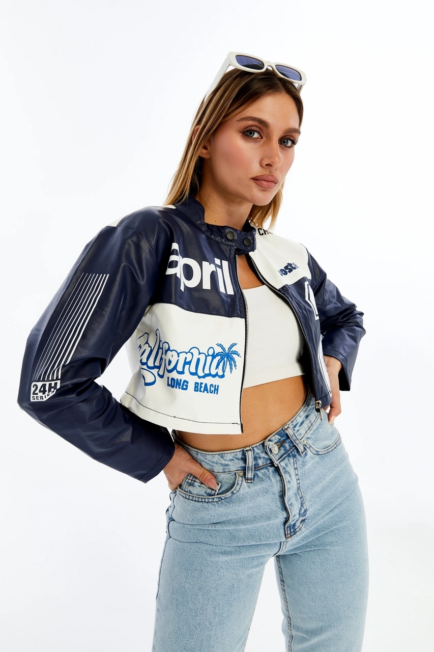 Kadın Crop Deri Ceket Renkli Baskılı Motorcu Stil Mont - Kısa Ceket Çok Renkli Mont - Hakim Yaka Lacivert