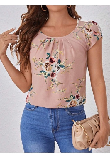 Modasize Kadın Kısa Kollu Bisiklet Yaka Çiçek Baskılı Süprem Bluz Pembe