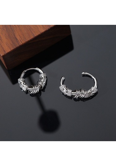 Siyah Yuvarlak Paslanmaz Çelik Kore Tarzı Küpe Ejderha Deseni Daire Kulak Çıtçıt Erkekler Hoop Küpeler Siyah