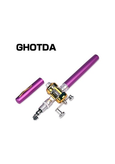 Taşınabilir Cep Teleskopik Mini Olta Kamışı Kalem Şekli Katlanmış Olta Makara Tekerleği İle Purple
