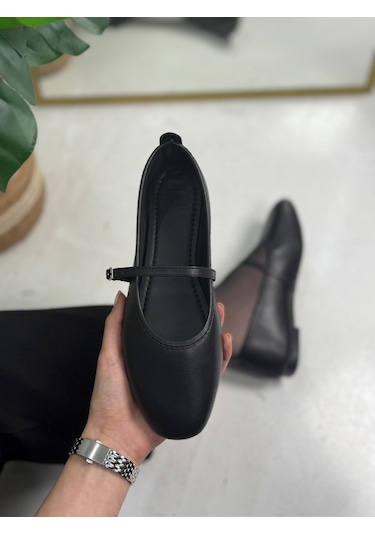 Günlük Siyah Kadın Babet Oval Burun İnce Bant Tokalı Kemer Ortopedik Ev İş Ofis Hafif Ayakkabı 113 Siyah