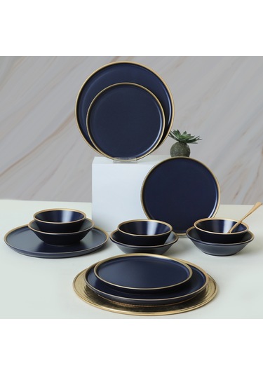 Keramika Mat Lacivert Gold Fileli Yemek Takımı 24 Parça 6 Kişilik