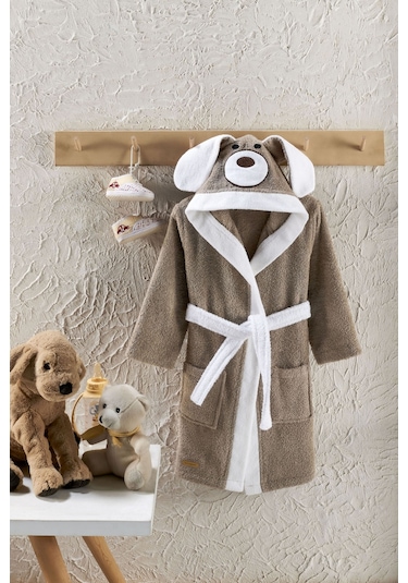 Kapşonlu Çocuk Bornoz %100 Pamuk Erkek Bornozu Köpek Kahverengi