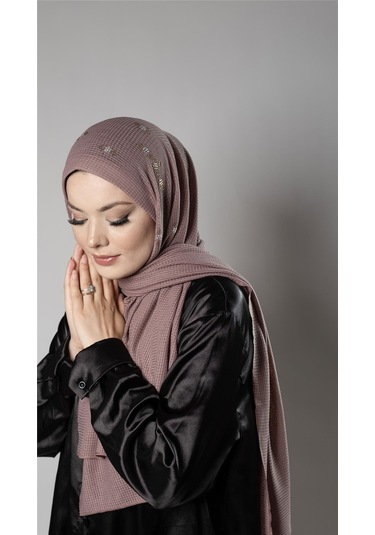 Gül Kurusu Pratik Hazır Geçmeli Tesettür Şal Örme Kumaş Taşlı Çiçek Desenli 2118c 18