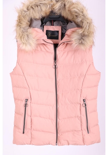 Kadın Kürklü Kapüşonlu Su Geçirmez Pudra Şişme Yelek
