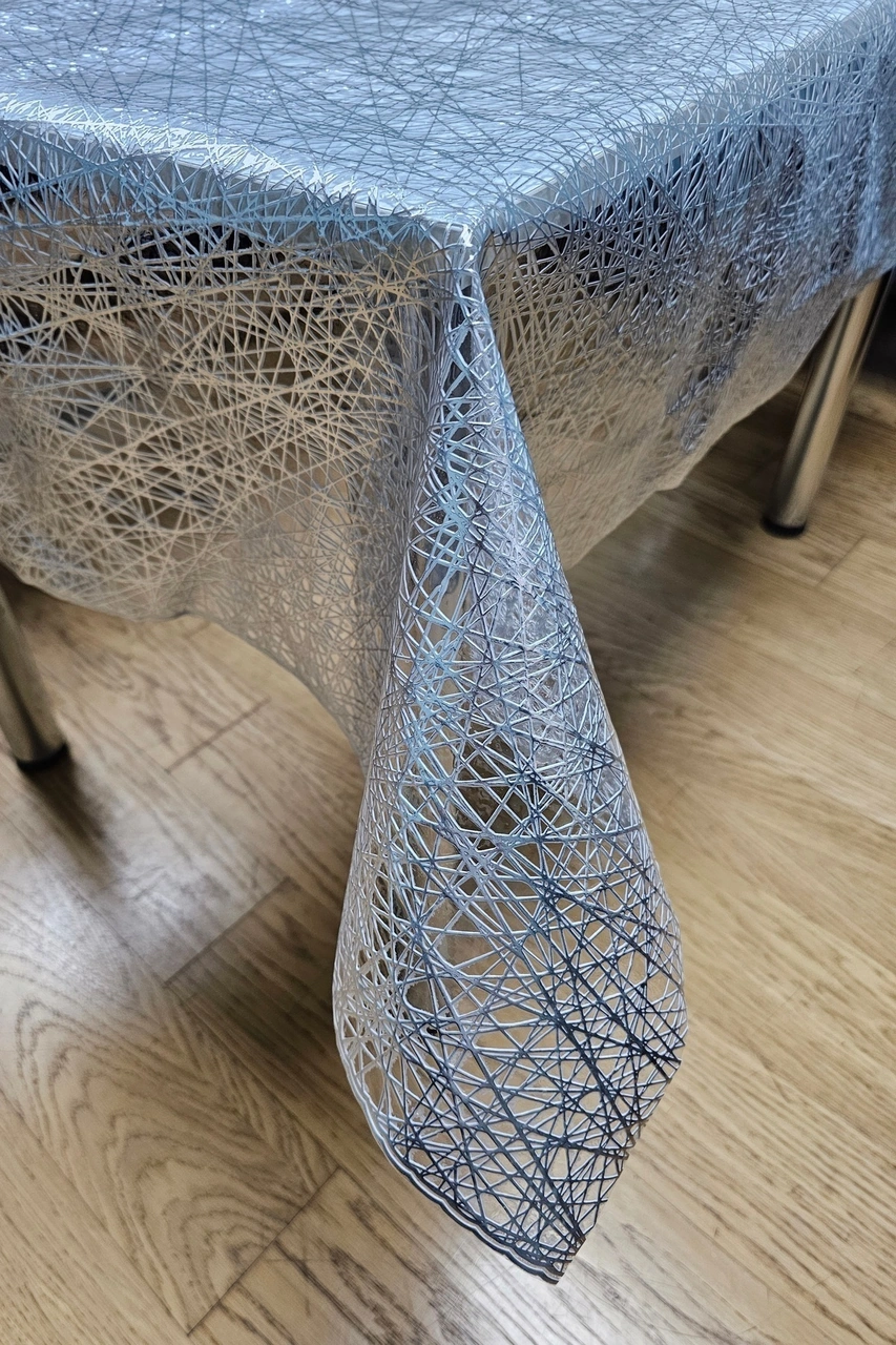 Rona Home Silinebilir Gümüş Iplik Desen Hasır Pvc Şeffaf Kaplamalı Lüks Muşamba Masa Örtüsü Sofra Bezi Hasır Gümüş