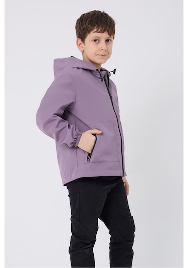 Erkek Çocuk Mürdüm İçi Astarlı Su Ve Rüzgar Geçirmez Kapüşonlu Çift Fermuarlı Cepli Mont Mürdüm