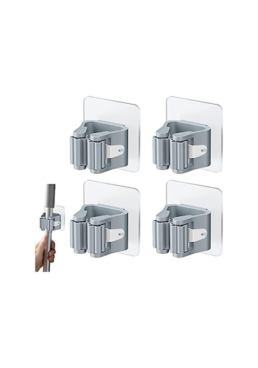 3b Trend 4 Adet Süpürge Mop Tutucu Duvar Kendinden Yapışkanlı Duvar Delme Gerektirmez Gri