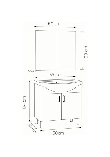 65 Cm Beyaz Mdf Seramik Lavabolu Ayaklı Aynalı Banyo Dolabı Beyaz