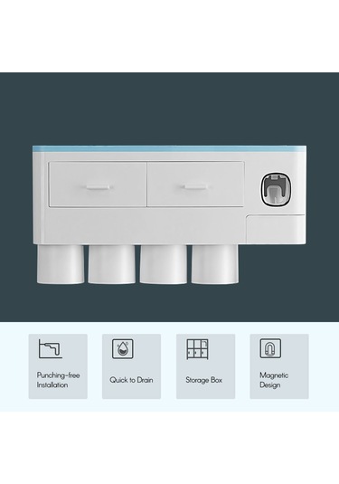 Geeksen Duvara Monte Diş Fırçası Askısı Dispenseri Delme Gerekmez Yer Tasarrufu Manyetik Diş Macunu Sıkacağı Bardak Banyo Düzenleyici Ev Ticari Mavi