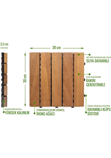 Pafu Sunsoe İroko Ağacı Balkon Bahçe Ahşap Yer Döşemesi Karo Deck 30x30 Cm 1 Adet 0,09m2