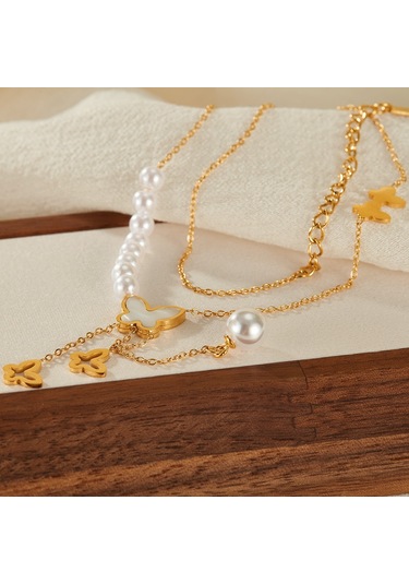 Sones Opk Gx2433 Vintage Hollow Kelebek Püskül İnci Kolye Paslanmaz Çelik Kolye