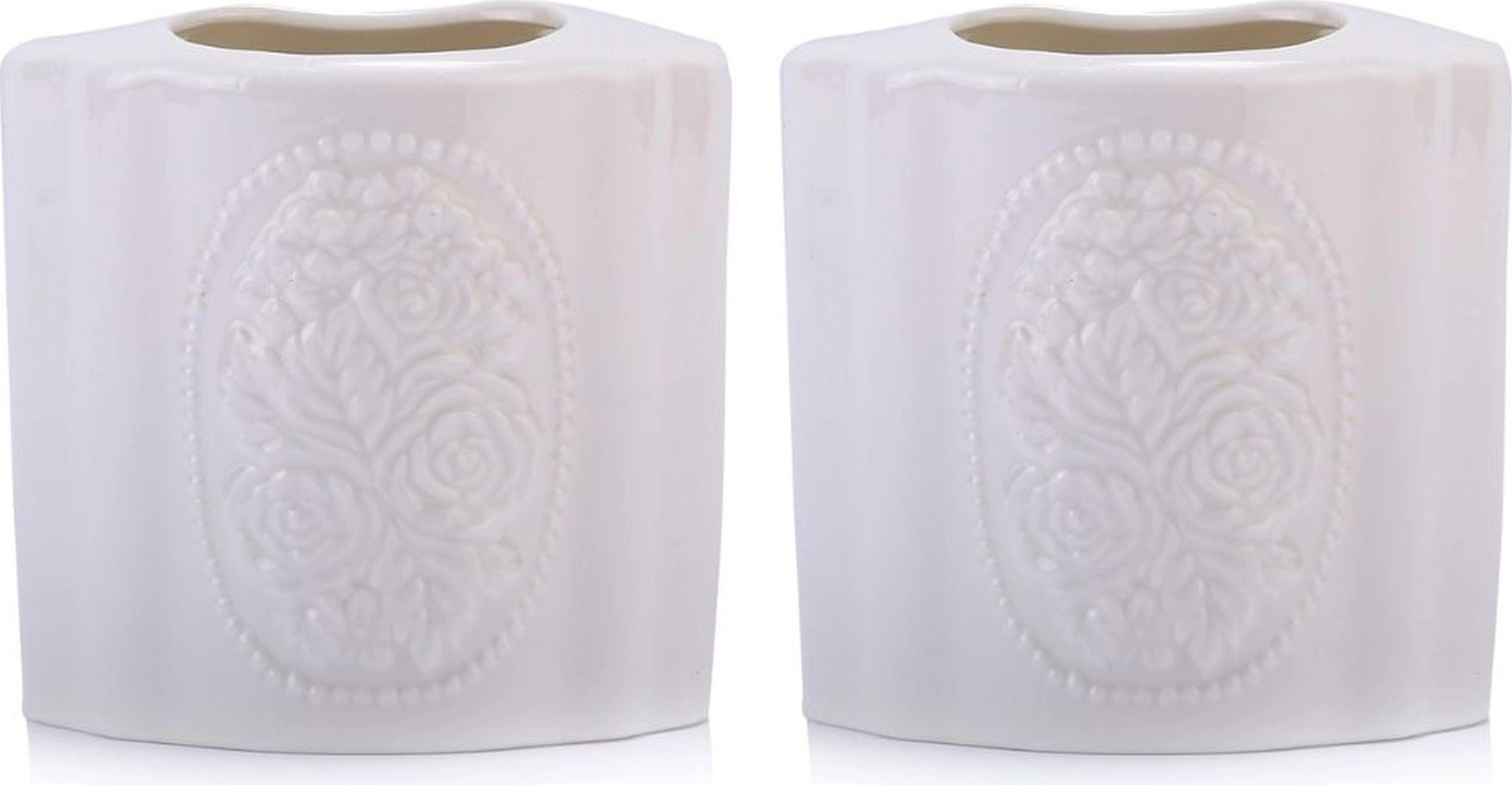 2 Adet Seramik Diş Fırçalık Çiçekli Oval Model 8x5x10cm Banyo Seti Çok Renkli