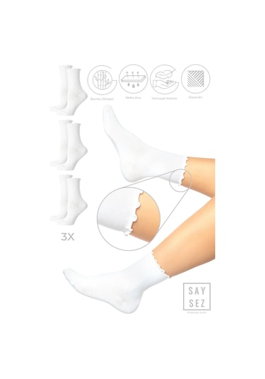 Bambu Kadın Lastiksiz Beyaz Fırfırlı Soket Dikişsiz Çorap 3'lü Paket / İz Bırakmaz / Sıkmayan Çorap Renkli