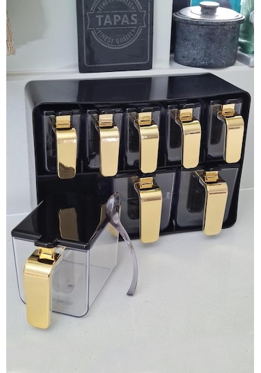 Herevin Sekizli Standlı Baharatlık Seti Gold Kulplu Siyah Kapak 161280-822 Gold - Siyah