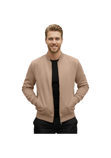 Deepsea Erkek Vizon Dar Kesim Likralı Fermuarlı Süet Ceket Mevsimlik İnce Premium Mont 2504334 VIZON