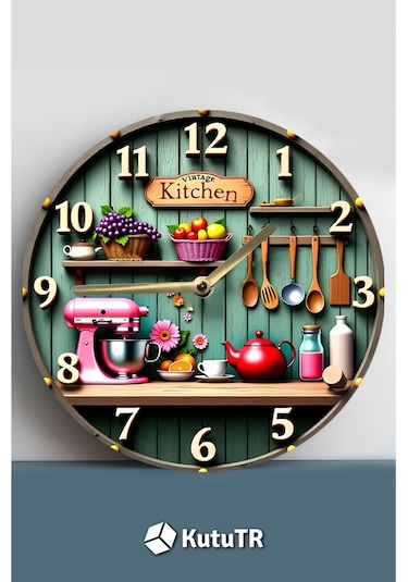 Vintage Kitchen Temalı Mdf Duvar Saati 33 Cm 3d Görünümlü Uv Baskılı Sdw350 Renkli