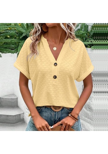 2023 İlkbahar Ve Yaz Yeni Kadın Moda Ve Rahat Düğme V Yaka T-shirt Kadınlar İçin Düz Renk Hollow Out T-shirt Sarı