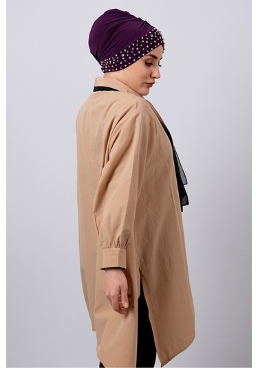 Mürdüm Pratik Hazır Geçmeli Tesettür Bone Sandy Kumaş Taşlı 1456_ Mürdüm