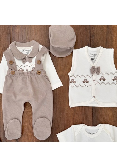 Araba Desenli Papyonlu 10 Parça Erkek Bebek Hastane Çıkışı Kutulu %100 Pamuk Kahverengi