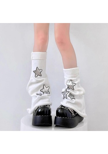 Springsun Beyaz Yıldız Desenli Çift Katlı Polyester Çoraplar - Isı Sağlayan Japon Stil Knee-high Soklar Beyaz