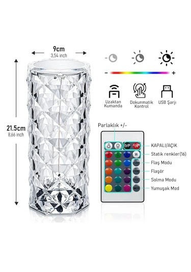 Kristal Elmas Led Dokunmatik Sensör Usb Şarjlı Masa Lambası R...