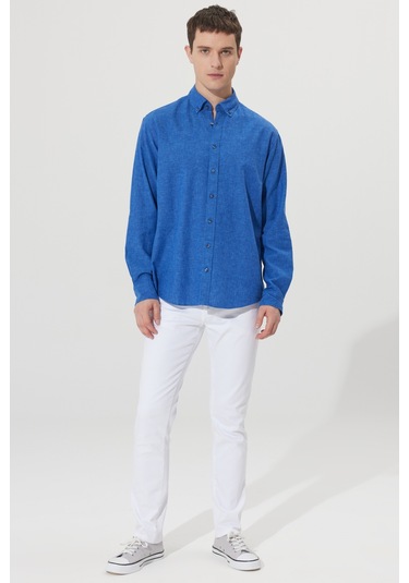 AC&Co / Altınyıldız Classics Erkek Lacı Comfort Fit Rahat Kesim Düğmeli Yaka Keten Gömlek Lacı Lacivert