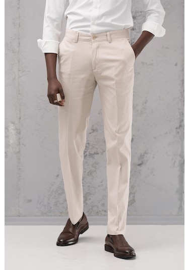 Notra Regular Fit Pamuklu Yan Cep Klasik Yazlık Gabardin Pantolon Krem