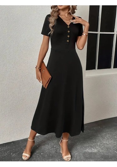 Kadın Kısa Kollu V Yakalı Önden Düğmeli Yırtmaçlı Midi Viskon Elbise Siyah