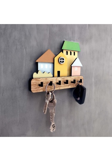 Cajuart Dekoratif Boyutlu Pastel Ton Evler Duvar Dekoru Askılık Anahtarlık