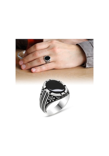 925 Ayar Gümüş Bombeli Siyah Oniks Taşlı Erkek Yüzük (429371720)