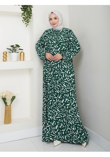 Desenli Önü Büzgülü Viskon Elbise - Yeşil / E0131 Yeşil
