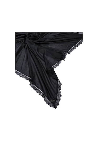 Mim Eşarp - Enba Pamuklu İğne Oyalı Namaz Ve Mevlüt Örtüsü 110x110 Cm - Siyah, 110x110 Cm