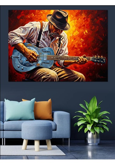 Mavi Gitar Çalan Adam Dekoratif Kanvas - Mdf Ahşap Tablo