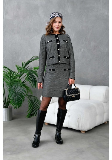 Kadın Düğme Detay Etekli İkili Triko Takım Siyah