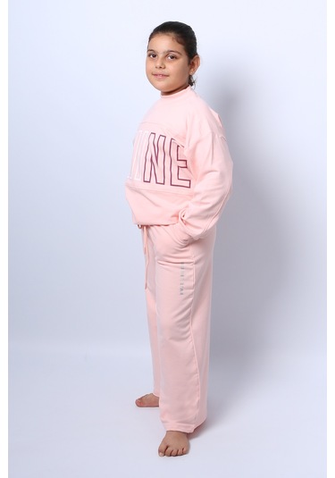 Kız Çocuk Eşofman Takımı Kordonlu Baskılı İspanyol Paça C37 Yavruağzı