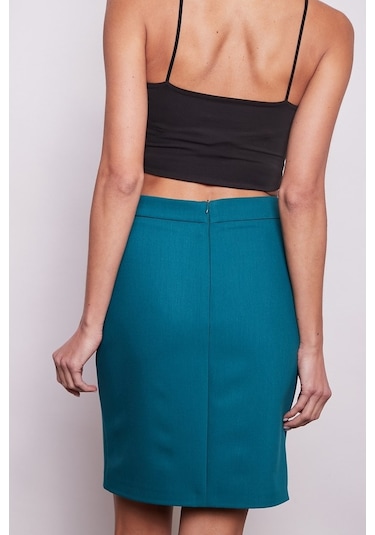 Yüksek Bel Diz Üstü Likralı Pamuklu Şık Kumaş Kalem Etek-Petrol