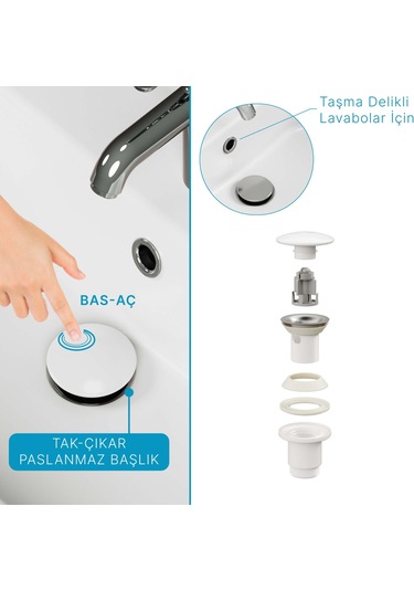 Sifon Tapası - Bas Aç - Beyaz Seramik Başlıklı -taşma Delikli-sifon Hariç