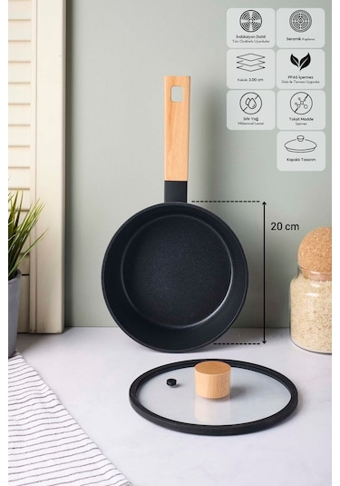 Cookwood Black İndüksiyon Tabanlı Ahşap Saplı Kapaklı Seramik Tencere 20 Cm Sıyah Siyah