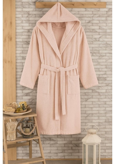 Unisex %100 Pamuklu Kapüşon'lu Bornoz Toz Pembe